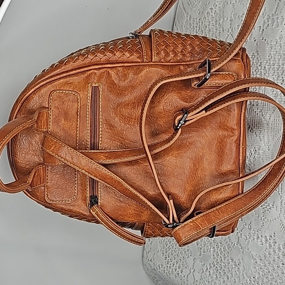 Shomico tan leather woven basket style weaved backpack purse handbag - Picture 4 of 8